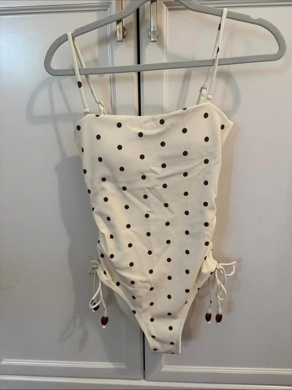 Cream Polka Dot One-Piece Swimsuit with Side Ties